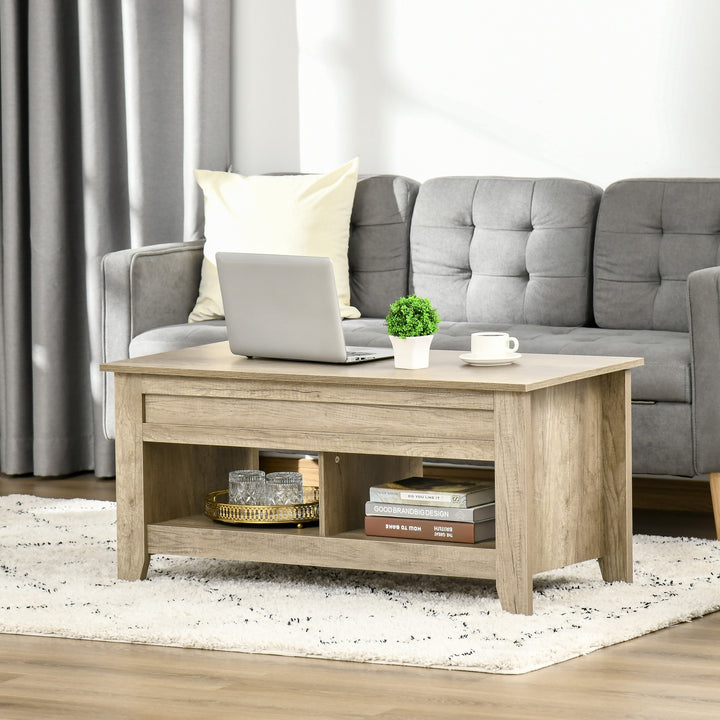 Lift Top Coffee Table w/ 2 Shelves & Hidden Storage Compartment, Living Room - Oak Effect