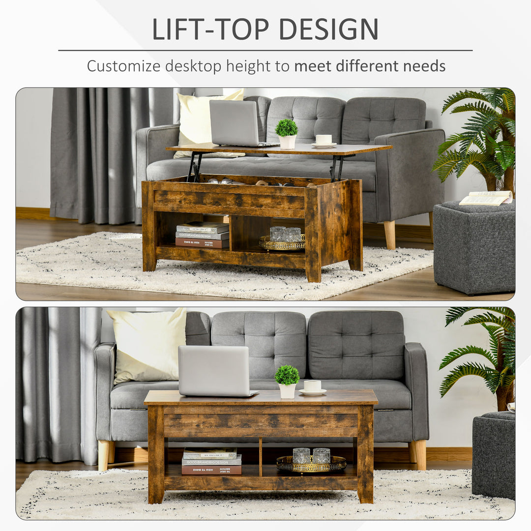 Lift Top Coffee Table w/ 2 Shelves & Hidden Storage Compartment, Living Room - Rustic Brown