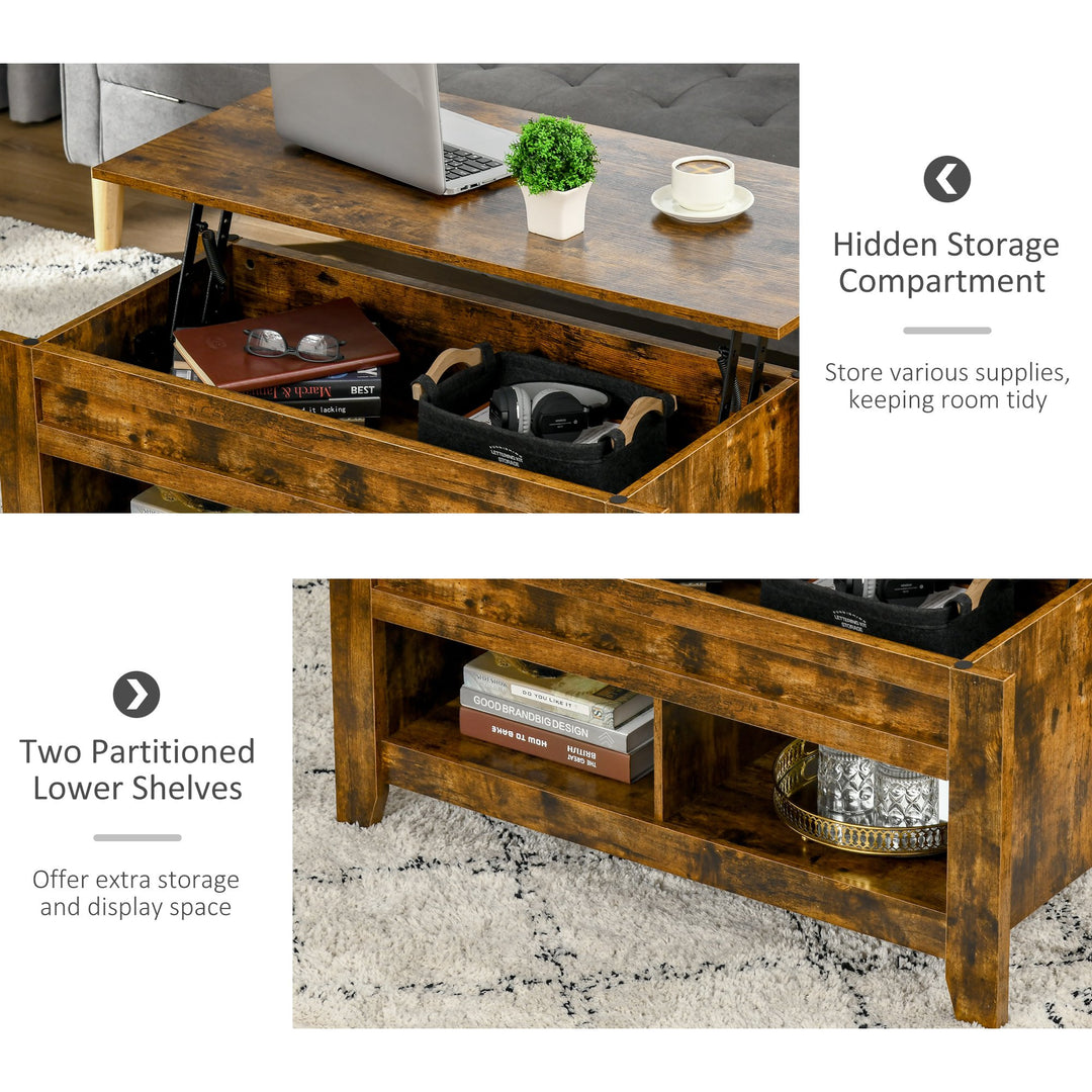 Lift Top Coffee Table w/ 2 Shelves & Hidden Storage Compartment, Living Room - Rustic Brown