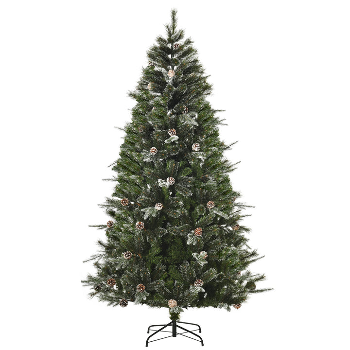 7ft 986-Tip Realistic Christmas Holiday Tree w Pinecones, Snow Accents, Base, Xmas Décor, Green