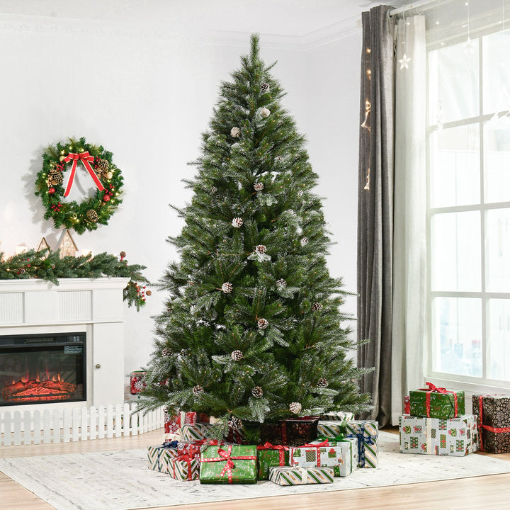 7ft 986-Tip Realistic Christmas Holiday Tree w Pinecones, Snow Accents, Base, Xmas Décor, Green