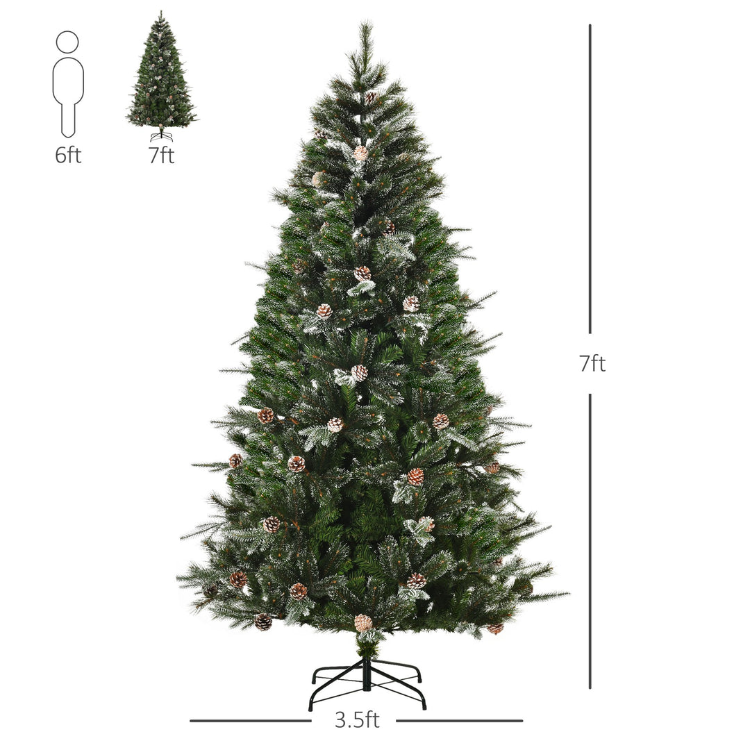 7ft 986-Tip Realistic Christmas Holiday Tree w Pinecones, Snow Accents, Base, Xmas Décor, Green