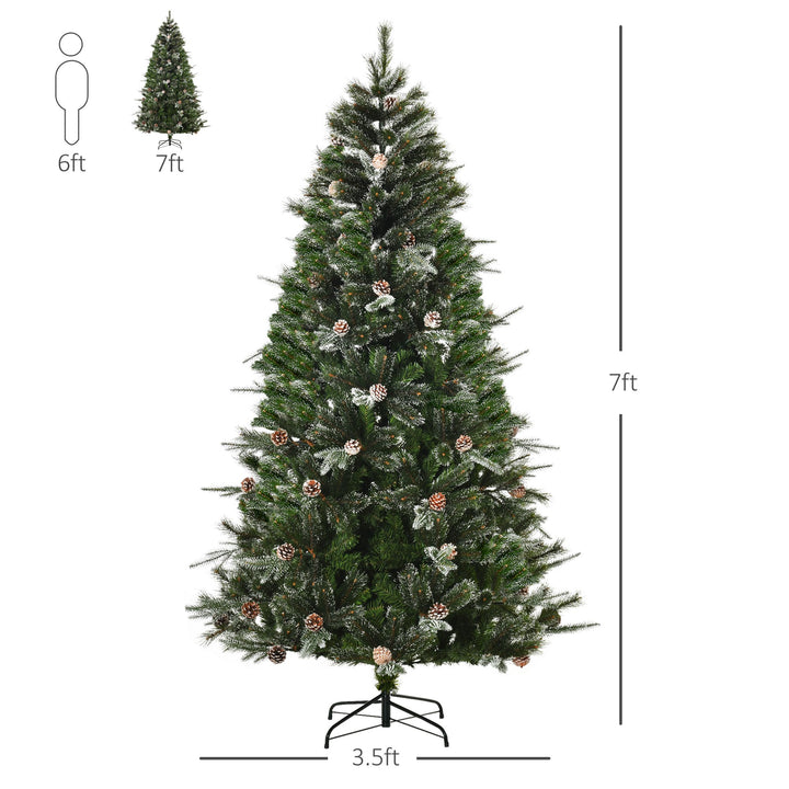 7ft 986-Tip Realistic Christmas Holiday Tree w Pinecones, Snow Accents, Base, Xmas Décor, Green