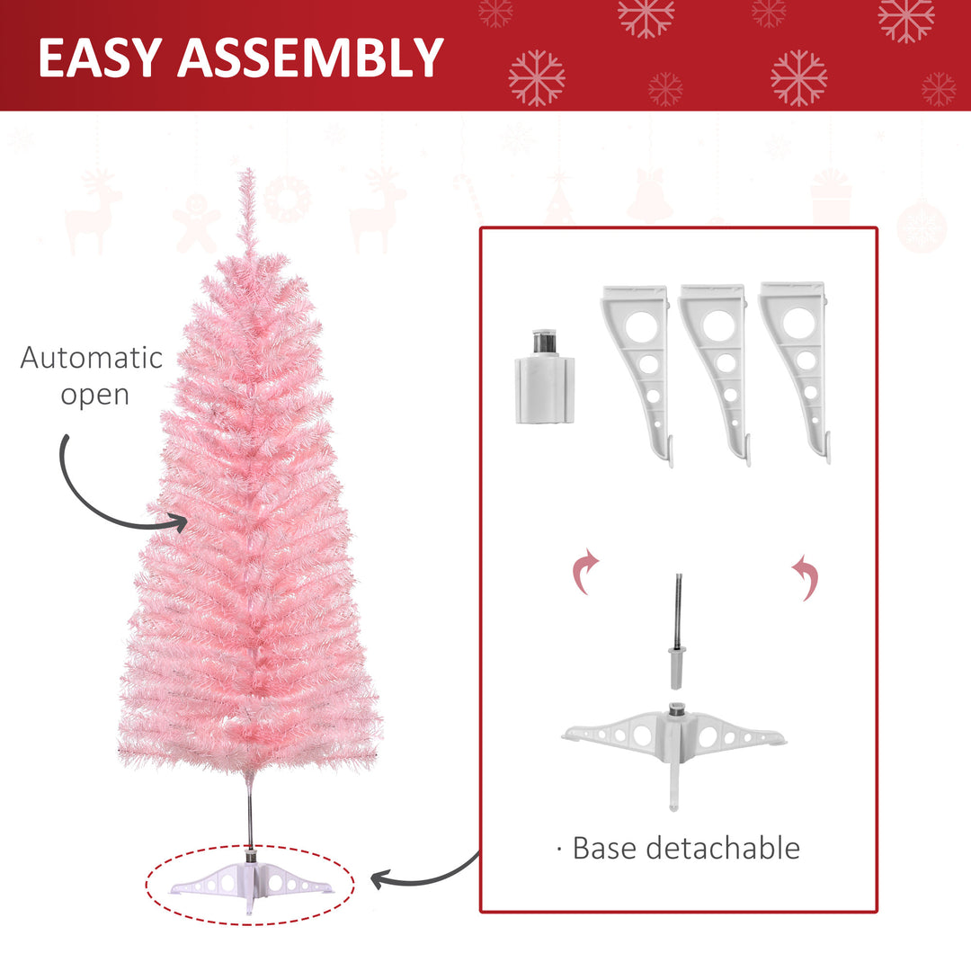 Small 4ft 188-Tip Slim Pencil Artificial Christmas Holiday Tree w Metal Base Xmas Decor – Pink