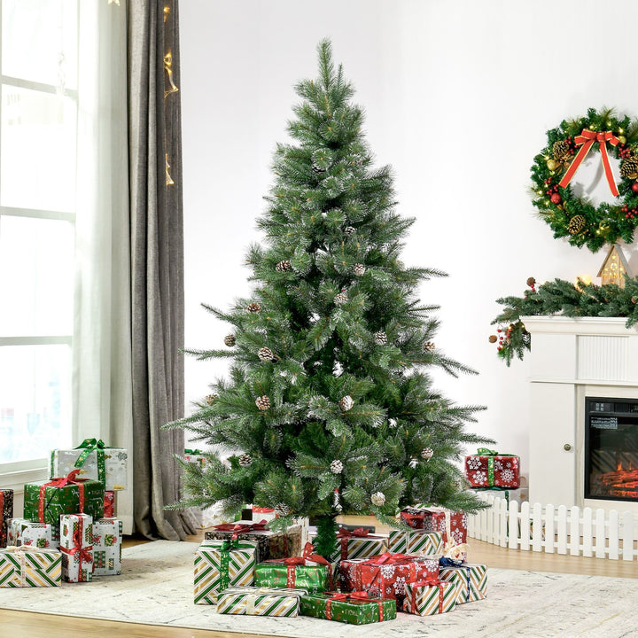 6ft 679-Tip Realistic Christmas Holiday Tree w Pinecones, Snow Accents, Base, Xmas Décor, Green