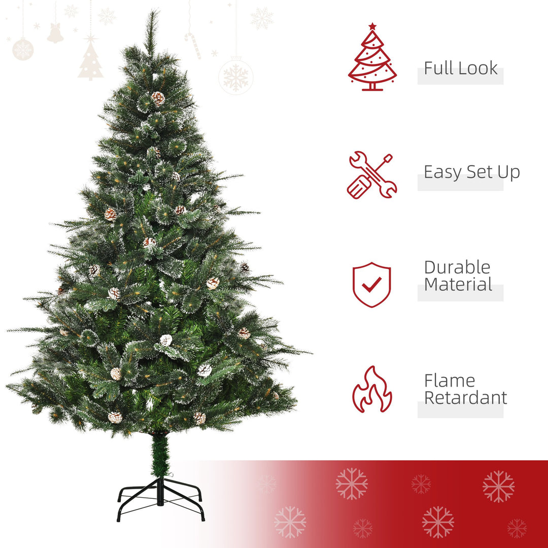 6ft 679-Tip Realistic Christmas Holiday Tree w Pinecones, Snow Accents, Base, Xmas Décor, Green