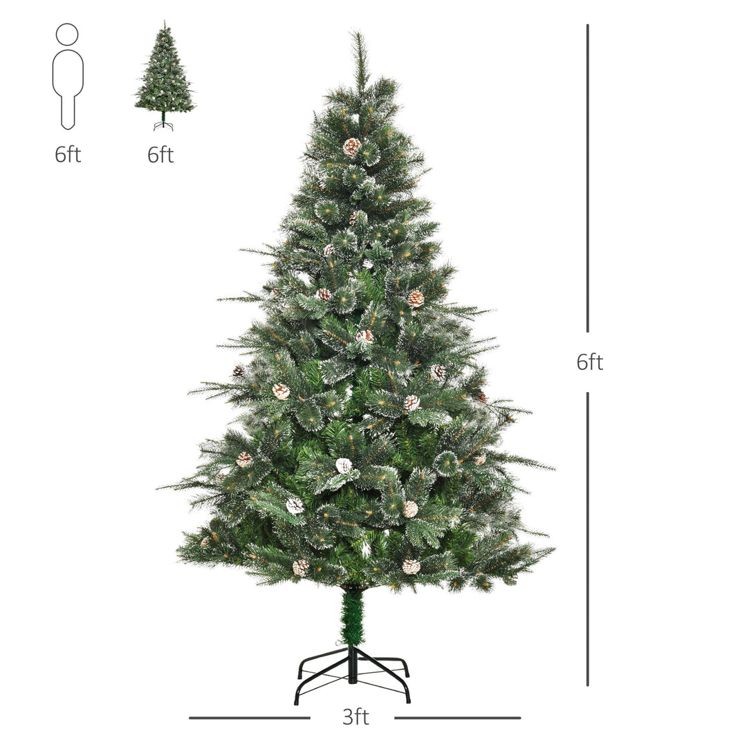 6ft 679-Tip Realistic Christmas Holiday Tree w Pinecones, Snow Accents, Base, Xmas Décor, Green