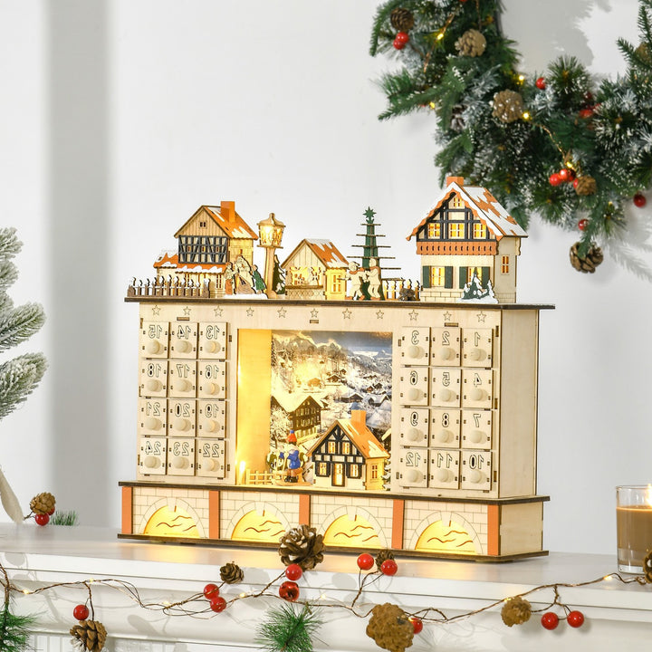 Light-Up Wooden Christmas Advent Calendar Holiday Xmas Decoration w/ 24 Drawers, Winter Village