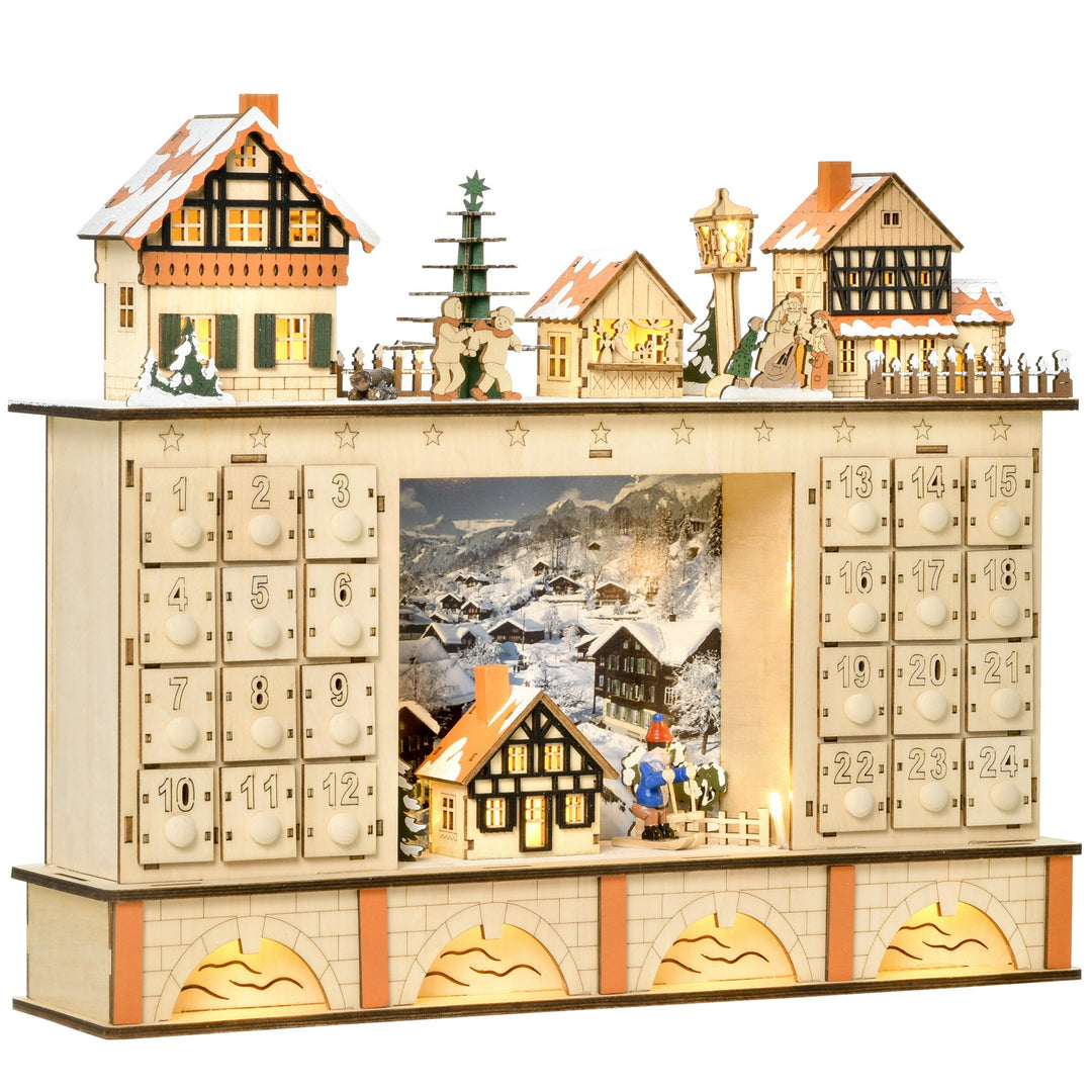 Light-Up Wooden Christmas Advent Calendar Holiday Xmas Decoration w/ 24 Drawers, Winter Village
