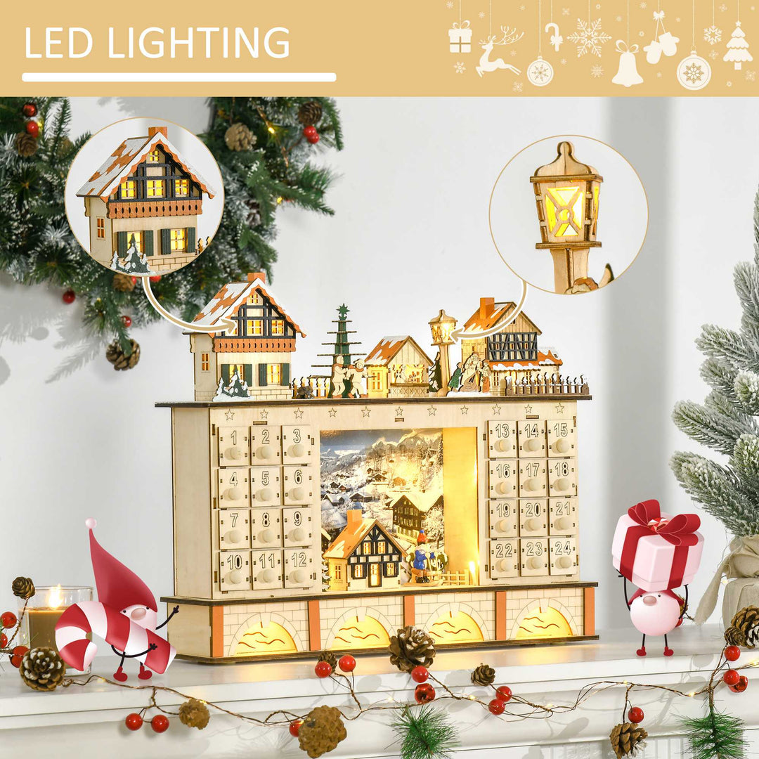Light-Up Wooden Christmas Advent Calendar Holiday Xmas Decoration w/ 24 Drawers, Winter Village