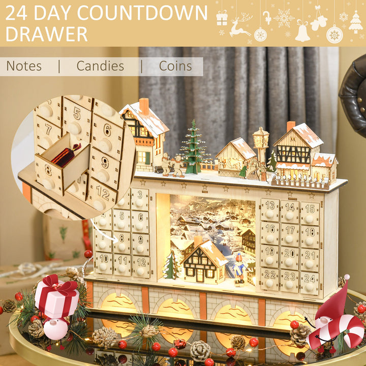 Light-Up Wooden Christmas Advent Calendar Holiday Xmas Decoration w/ 24 Drawers, Winter Village