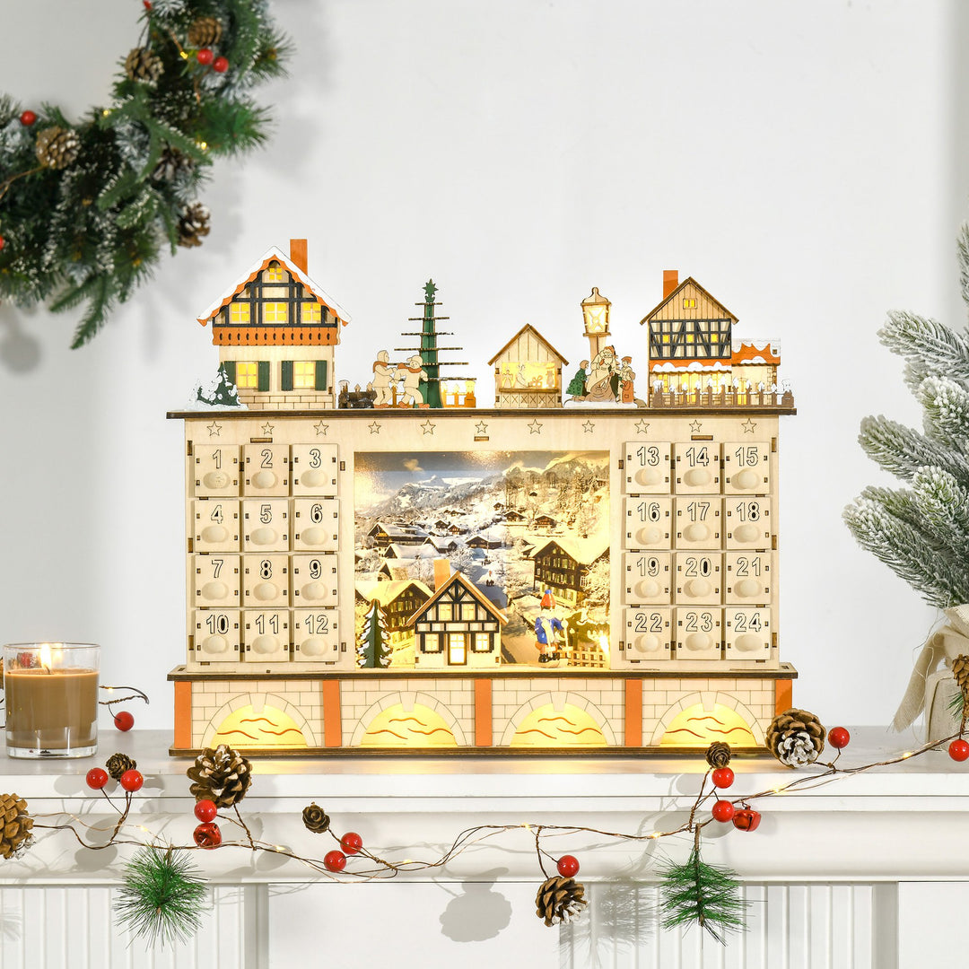 Light-Up Wooden Christmas Advent Calendar Holiday Xmas Decoration w/ 24 Drawers, Winter Village