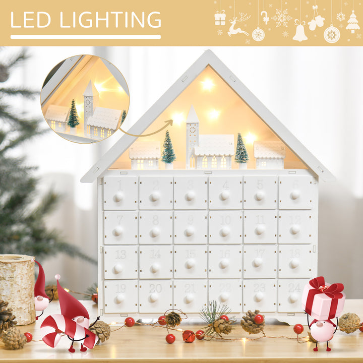 Light-Up Wooden Christmas Advent Calendar Holiday Xmas Decoration w/ 24 Drawers, White Church