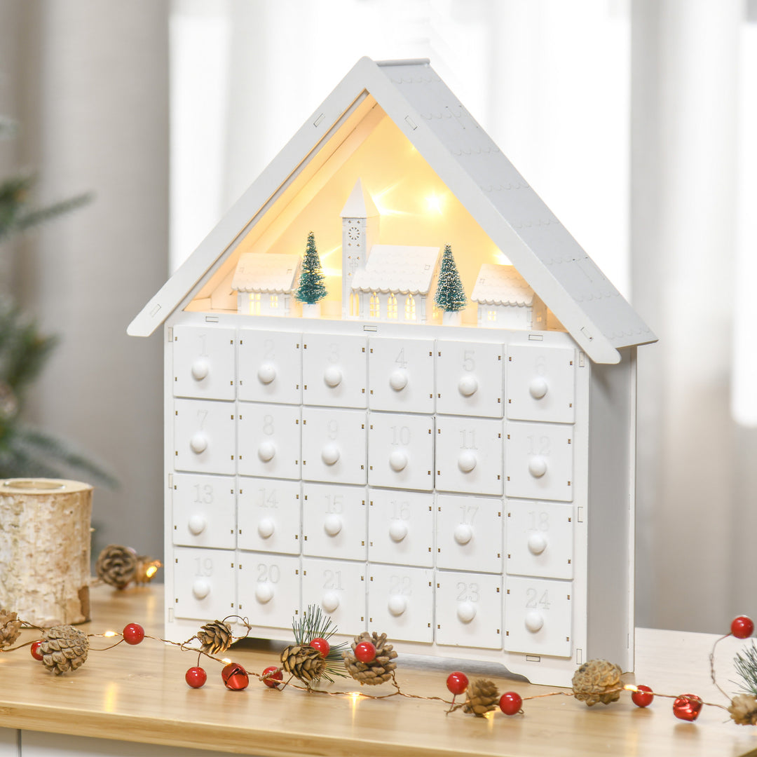 Light-Up Wooden Christmas Advent Calendar Holiday Xmas Decoration w/ 24 Drawers, White Church