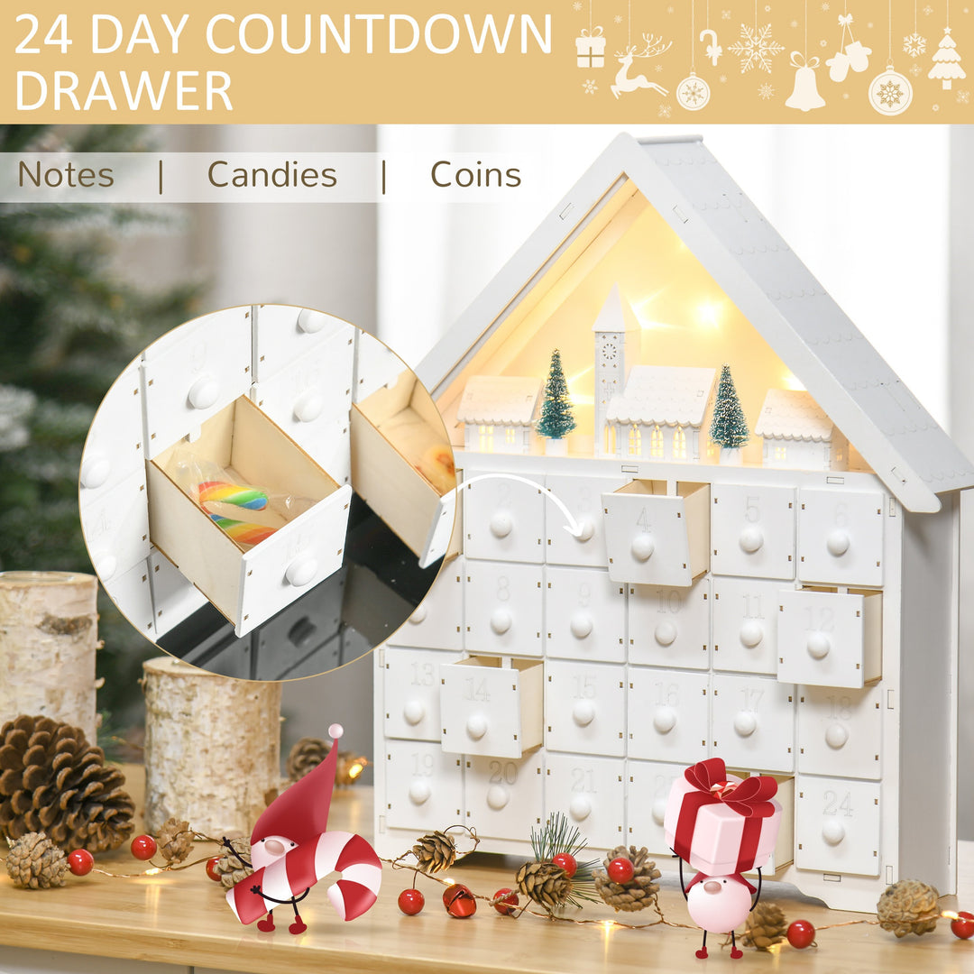Light-Up Wooden Christmas Advent Calendar Holiday Xmas Decoration w/ 24 Drawers, White Church
