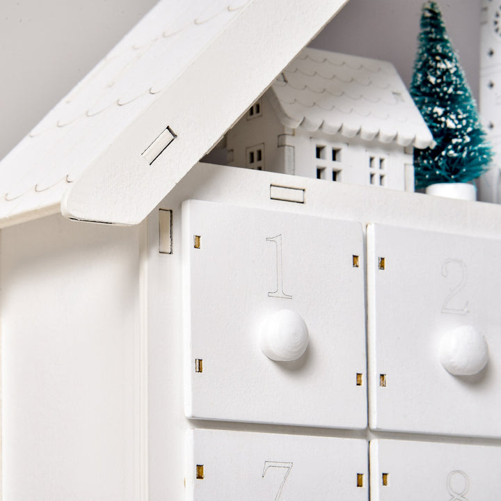 Light-Up Wooden Christmas Advent Calendar Holiday Xmas Decoration w/ 24 Drawers, White Church