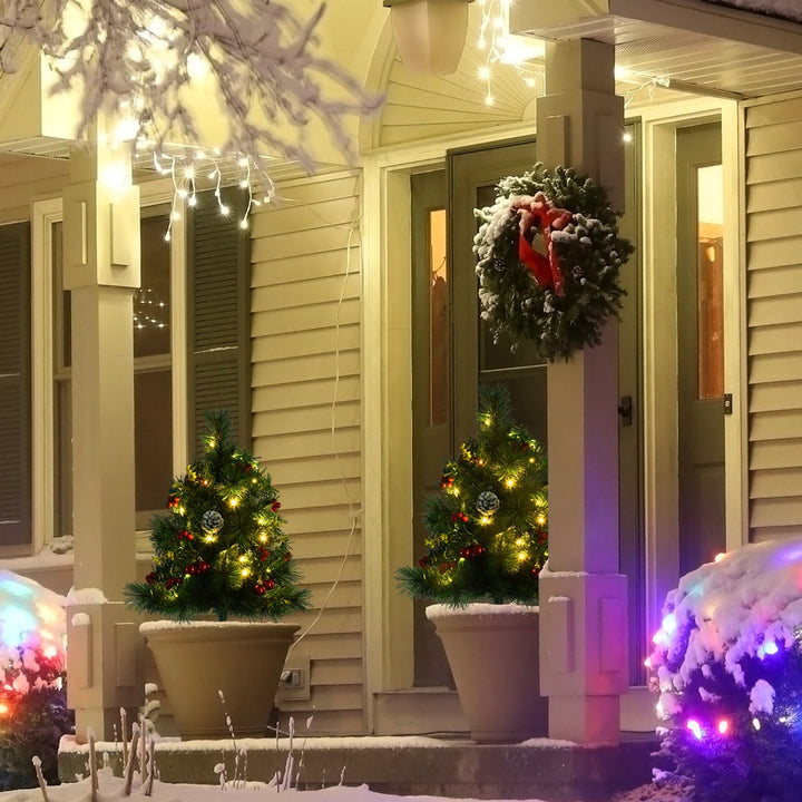 2pc 2.5ft Pre-lit Artificial Christmas Holiday Xmas Trees Outdoor w/ Pinecones, Berries - Green