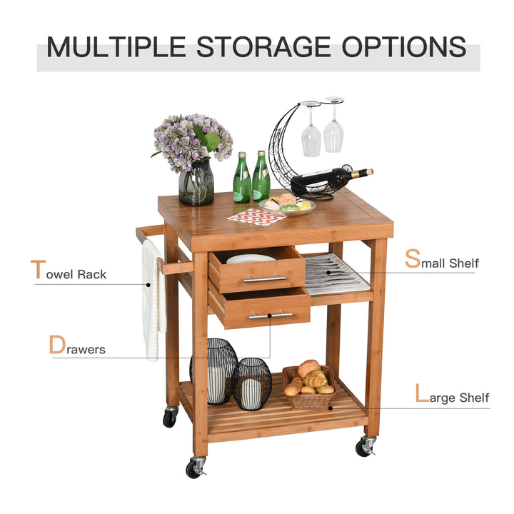 Compact Bamboo Kitchen Island Bathroom Utility Cart w/ Drawers & Shelves for Storage on Wheels