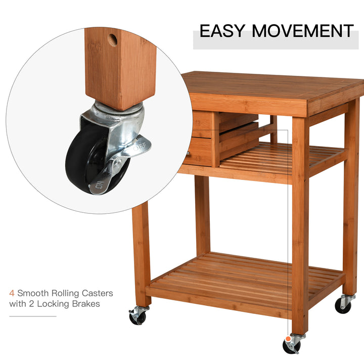 Compact Bamboo Kitchen Island Bathroom Utility Cart w/ Drawers & Shelves for Storage on Wheels