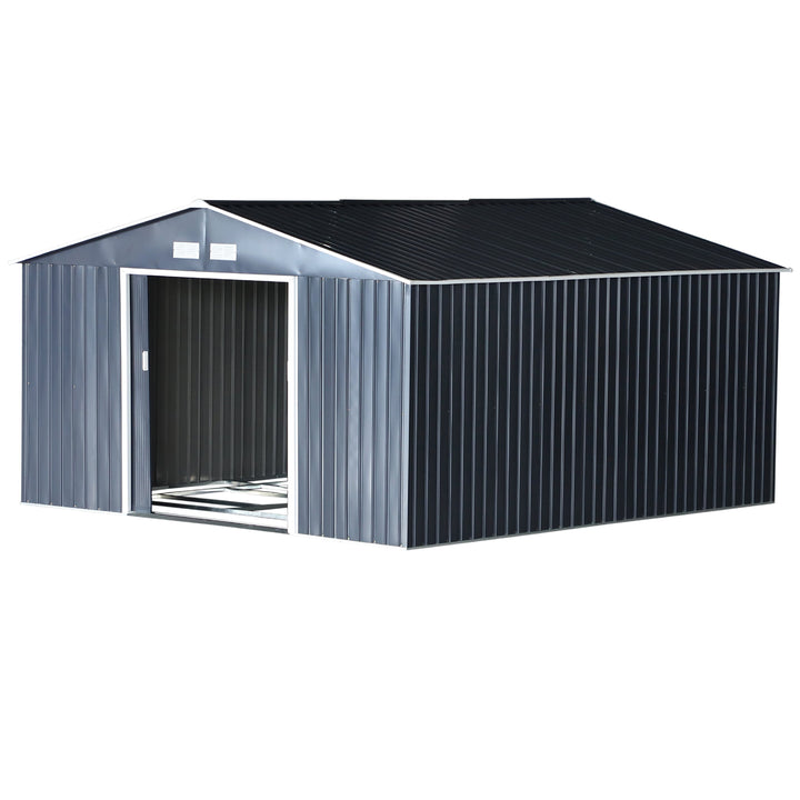 11.2 x 12.6 x 6.5’ Large Galv Steel Outdoor Storage Tool Work Shed for Garden Backyard, Grey