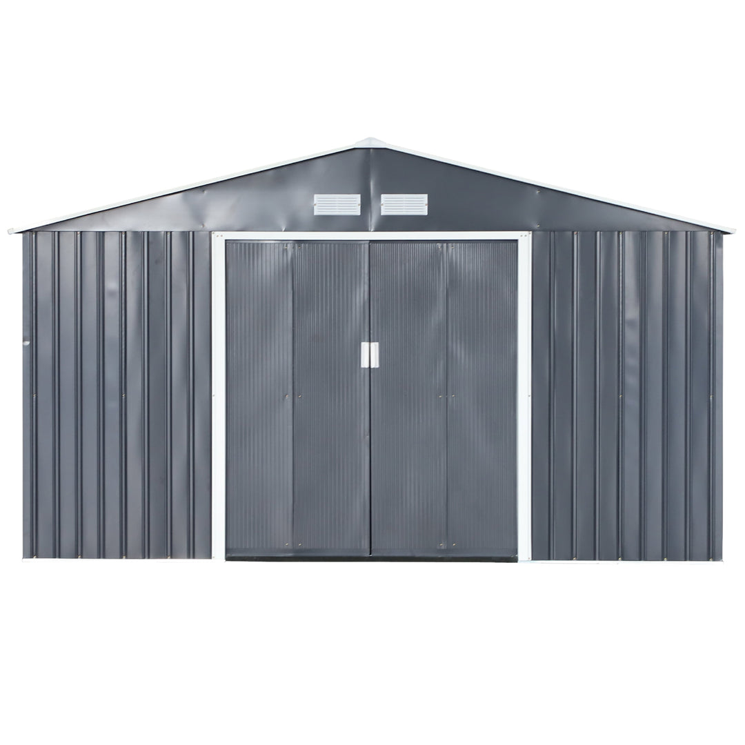 11.2 x 12.6 x 6.5’ Large Galv Steel Outdoor Storage Tool Work Shed for Garden Backyard, Grey