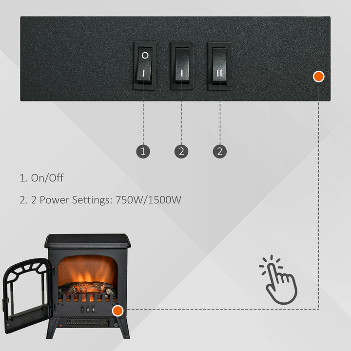 750/1500W Electric Fireplace Heater Woodstove w/ Realistic Flame Effect & Protection - Black