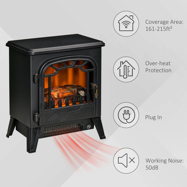 750/1500W Electric Fireplace Heater Woodstove w/ Realistic Flame Effect & Protection - Black