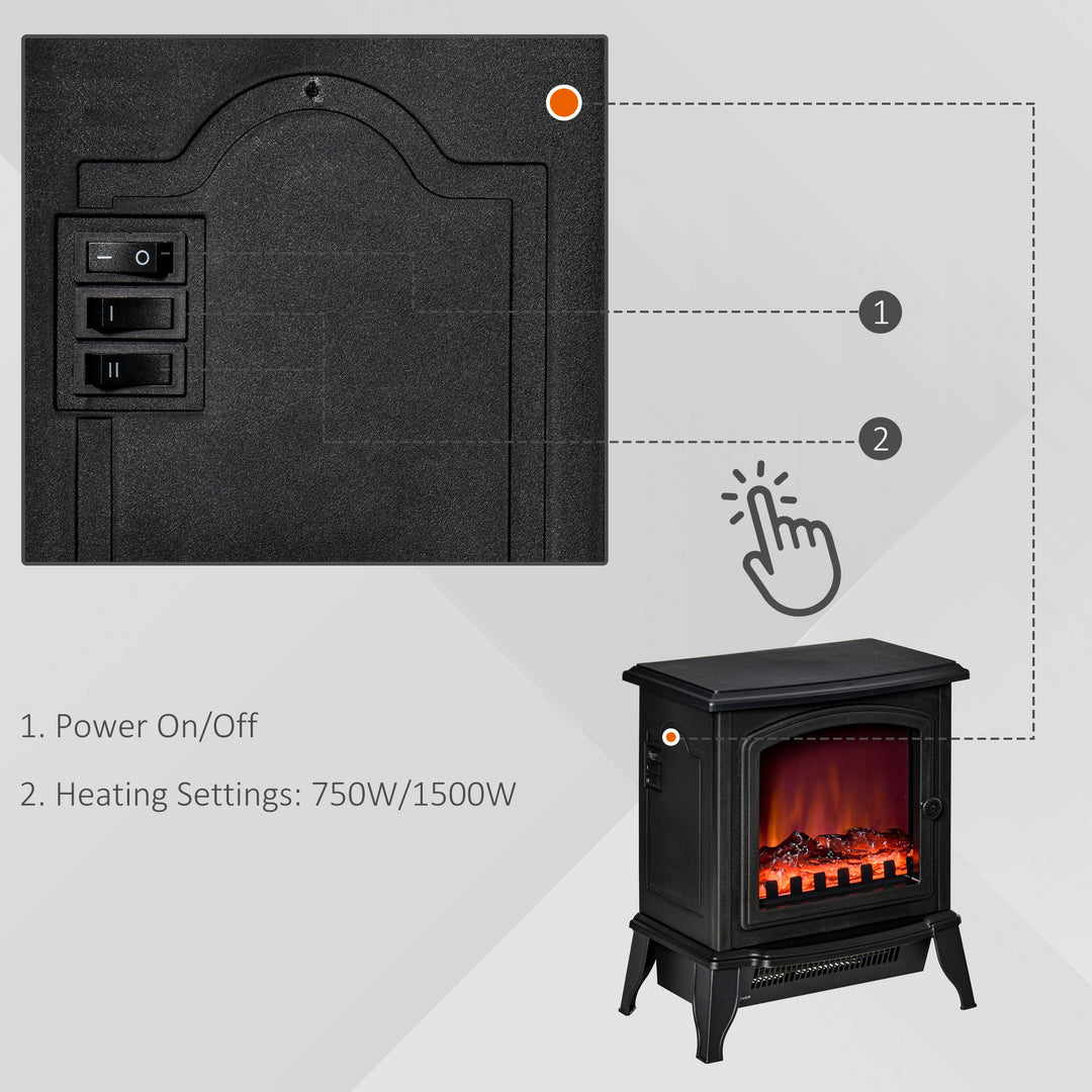 750/1500W Adjustable Electric Fireplace Woodstove Heater w/ Flame Effect & Front Door - Black