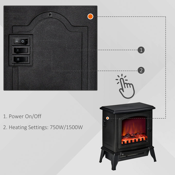 750/1500W Adjustable Electric Fireplace Woodstove Heater w/ Flame Effect & Front Door - Black