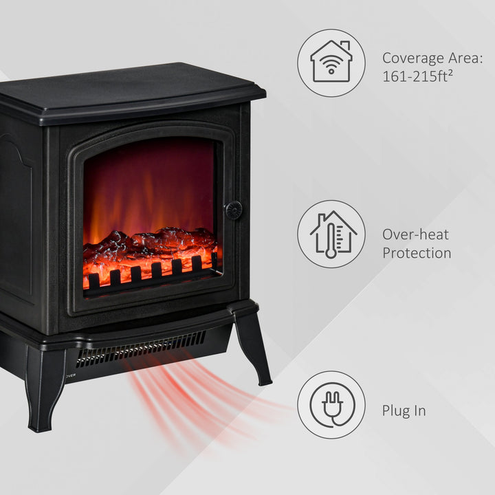 750/1500W Adjustable Electric Fireplace Woodstove Heater w/ Flame Effect & Front Door - Black