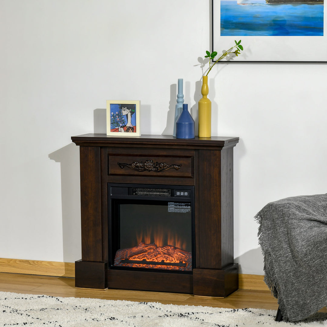 1400W Freestanding Electric Fireplace & Mantel Heater w/ Flame Effect & Remote Control - Brown