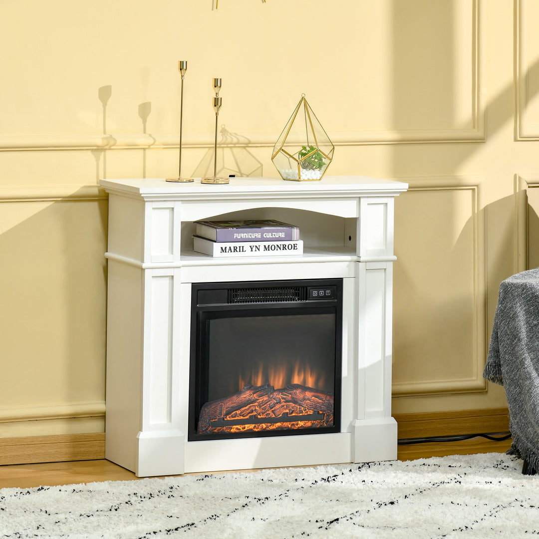 1400W Classic Electric Adjustable Fireplace Heater w/ Wooden Mantel, Remote, Flame Log - White