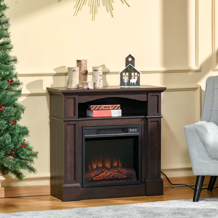 1400W Classic Electric Adjustable Fireplace Heater w/ Wooden Mantel, Remote, Flame Log - Brown
