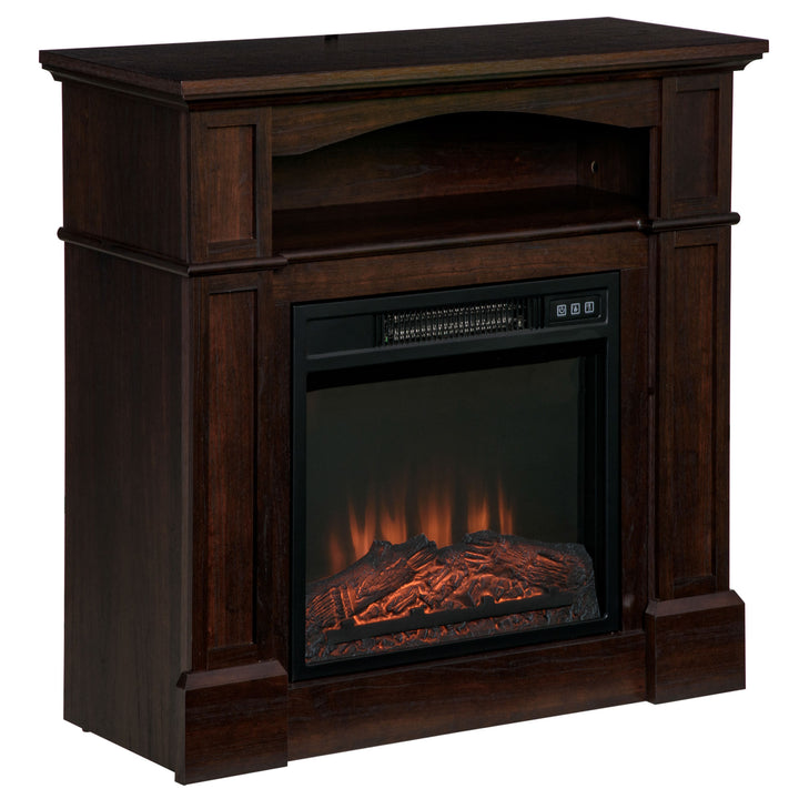 1400W Classic Electric Adjustable Fireplace Heater w/ Wooden Mantel, Remote, Flame Log - Brown