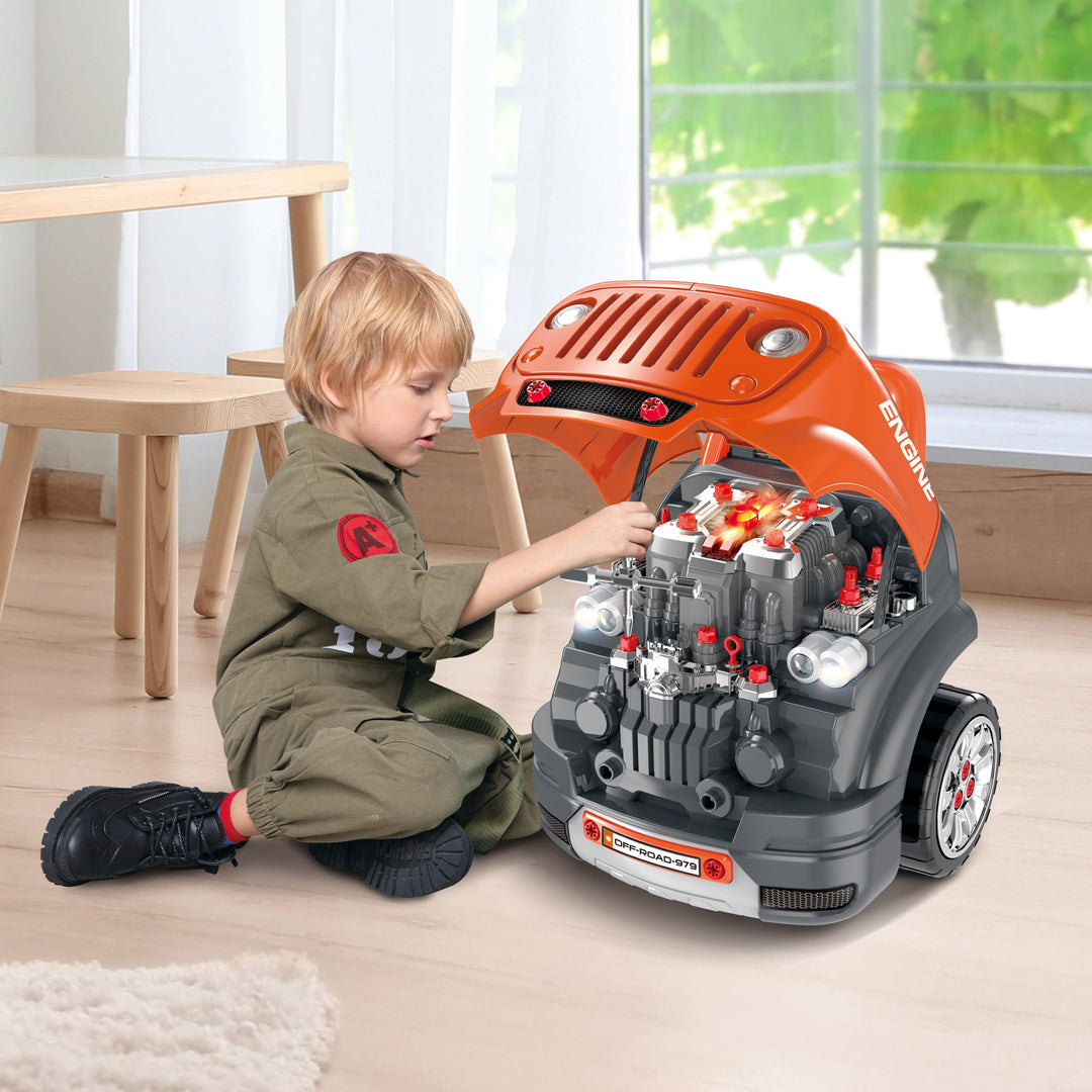 Kids Truck Engine Play Set Workshop Educational Car Service Station for Child w/ Horn - Orange