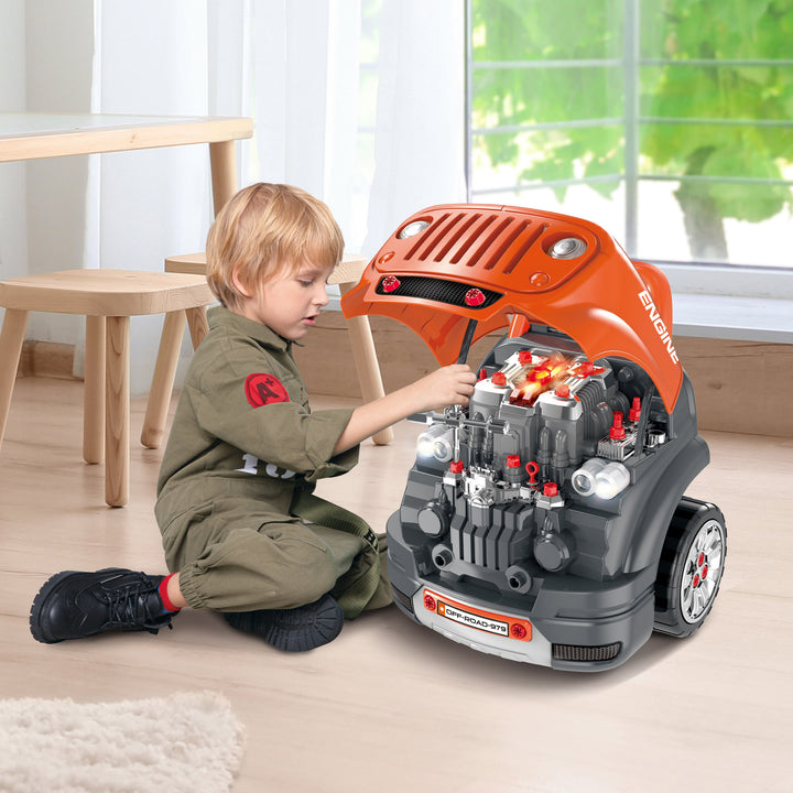 Kids Truck Engine Play Set Workshop Educational Car Service Station for Child w/ Horn - Orange