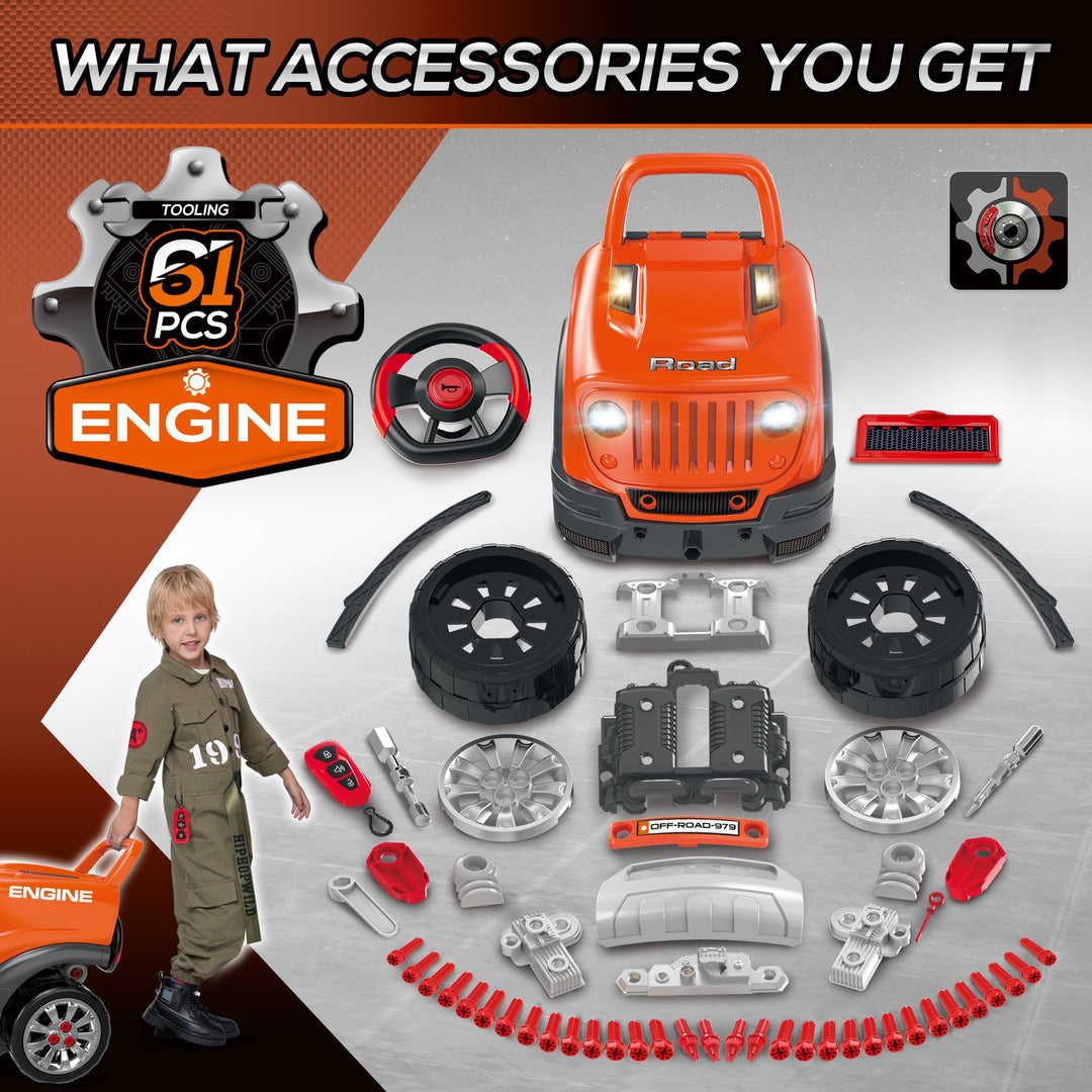 Kids Truck Engine Play Set Workshop Educational Car Service Station for Child w/ Horn - Orange
