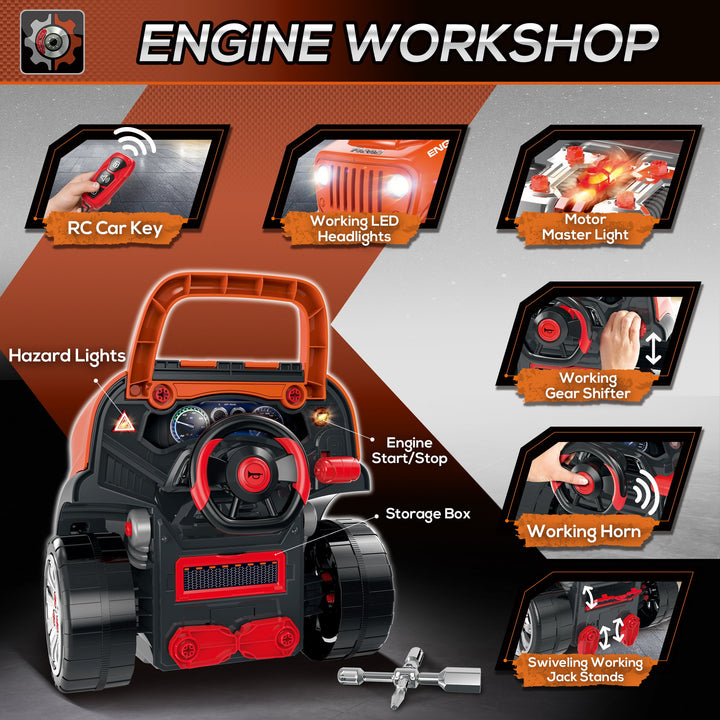 Kids Truck Engine Play Set Workshop Educational Car Service Station for Child w/ Horn - Orange