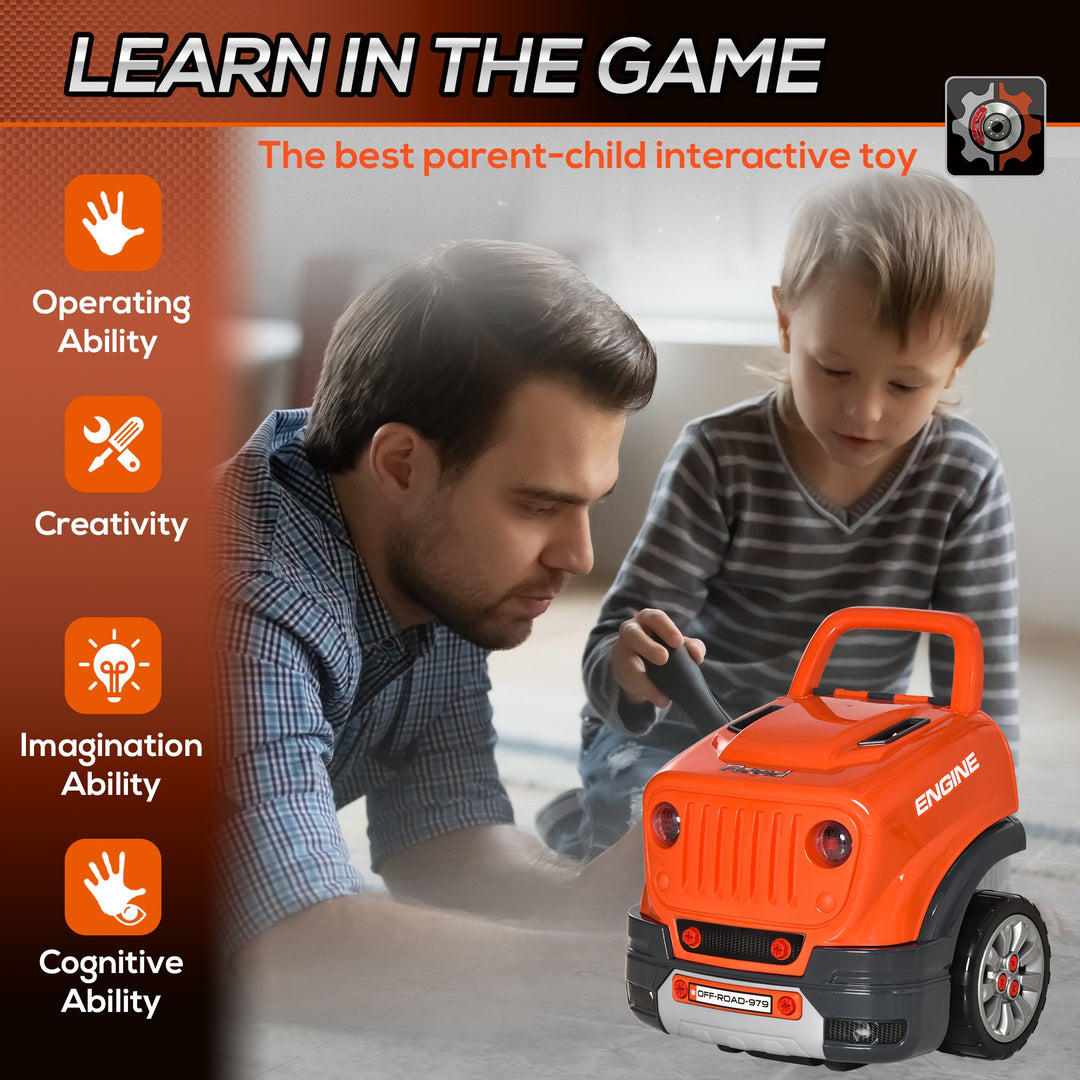Kids Truck Engine Play Set Workshop Educational Car Service Station for Child w/ Horn - Orange
