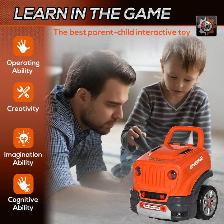 Kids Truck Engine Play Set Workshop Educational Car Service Station for Child w/ Horn - Orange