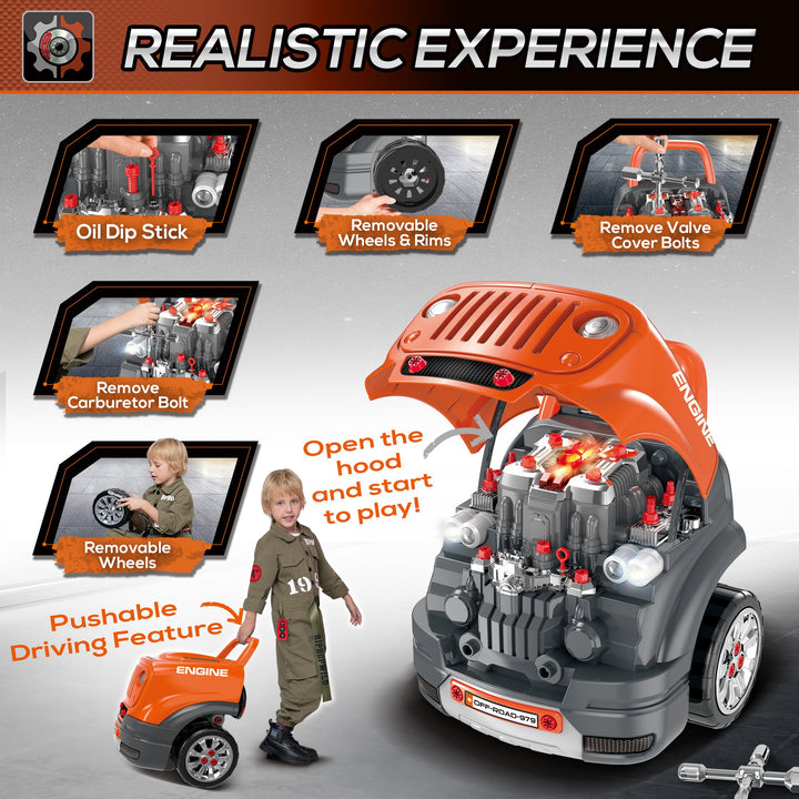 Kids Truck Engine Play Set Workshop Educational Car Service Station for Child w/ Horn - Orange