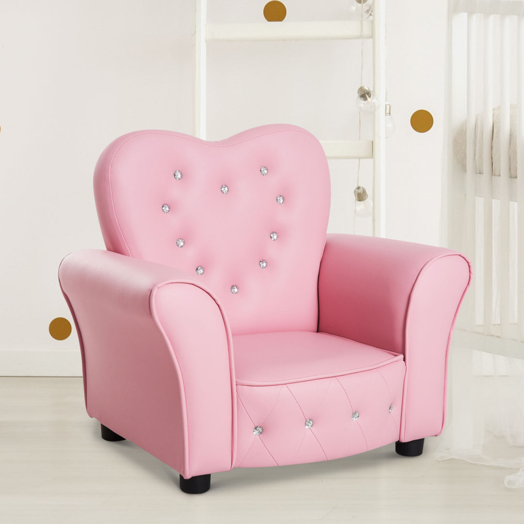 Kids Princess Tufted Faux Leather Mini Sofa Armchair w Jeweled Buttons for Child Toddler - Pink