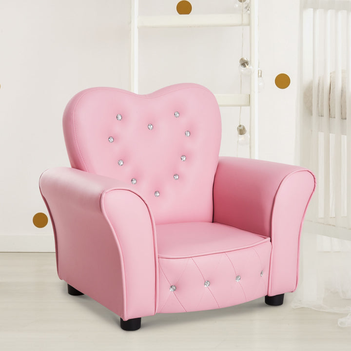 Kids Princess Tufted Faux Leather Mini Sofa Armchair w Jeweled Buttons for Child Toddler - Pink