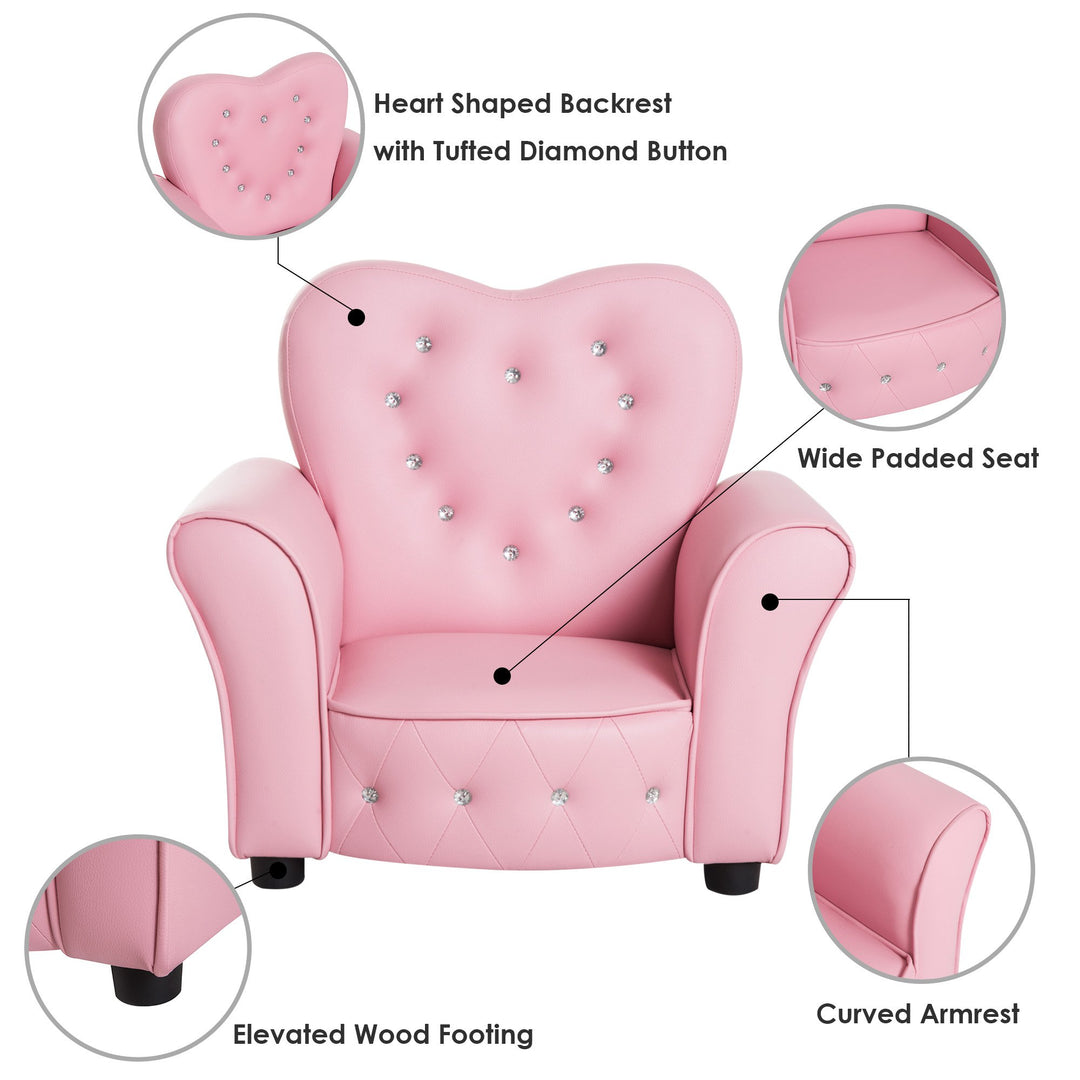 Kids Princess Tufted Faux Leather Mini Sofa Armchair w Jeweled Buttons for Child Toddler - Pink