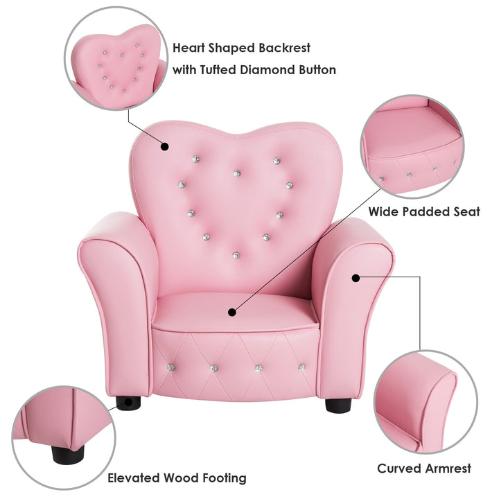 Kids Princess Tufted Faux Leather Mini Sofa Armchair w Jeweled Buttons for Child Toddler - Pink