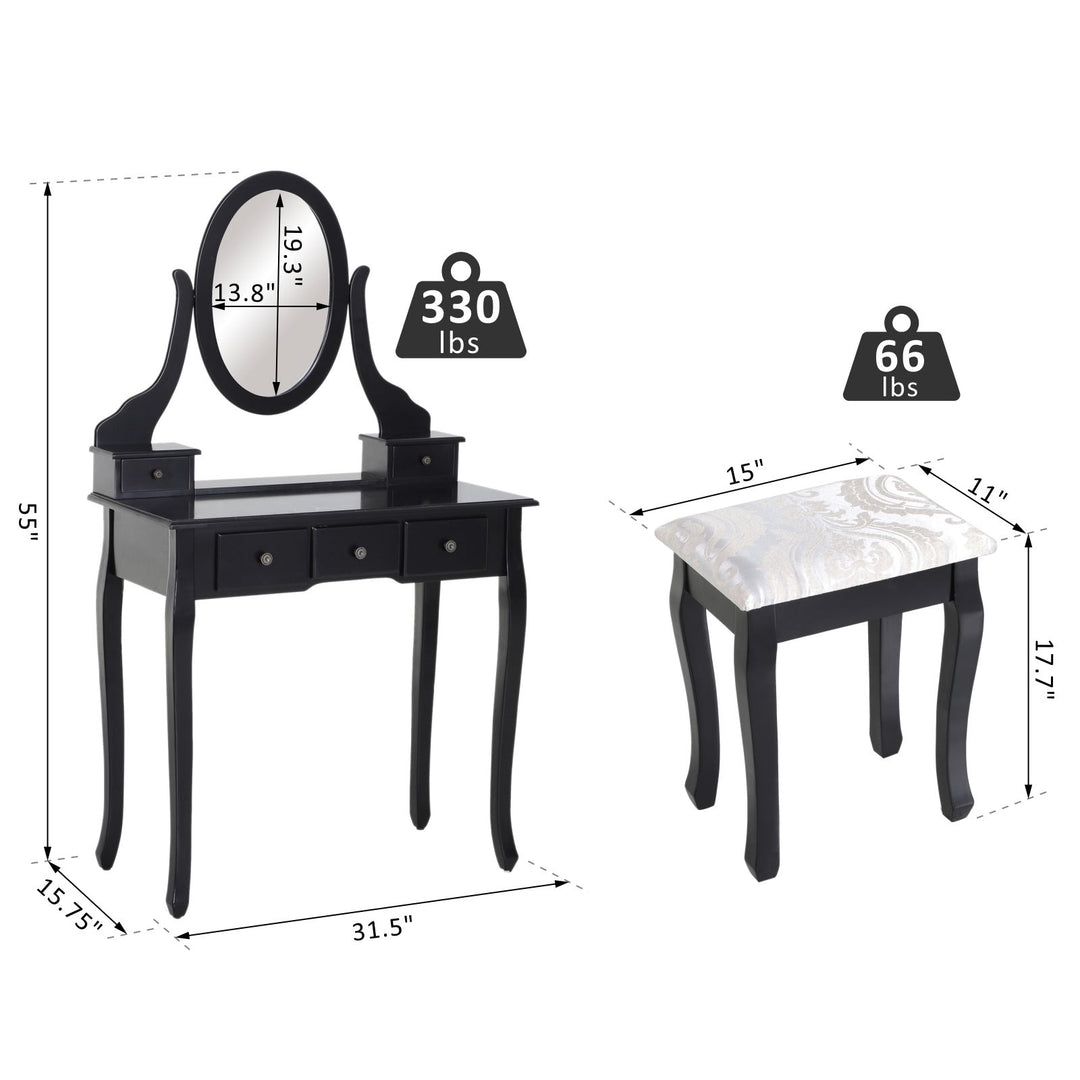 Modern Sleek Vanity Makeup Bedroom Dressing Room Table Set w/ Matching Stool - Black