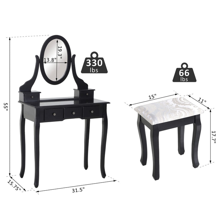 Modern Sleek Vanity Makeup Bedroom Dressing Room Table Set w/ Matching Stool - Black