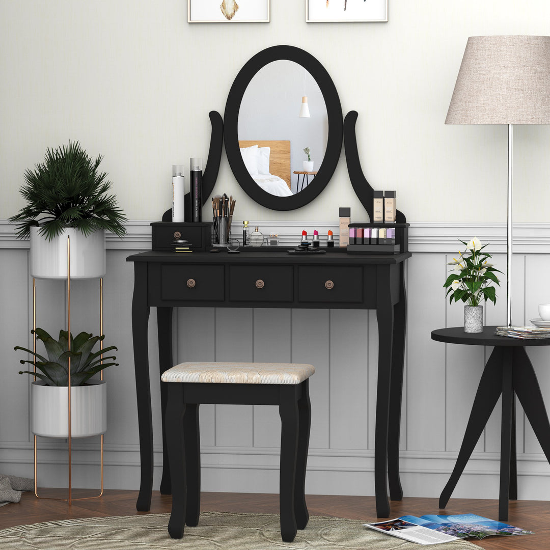Modern Sleek Vanity Makeup Bedroom Dressing Room Table Set w/ Matching Stool - Black