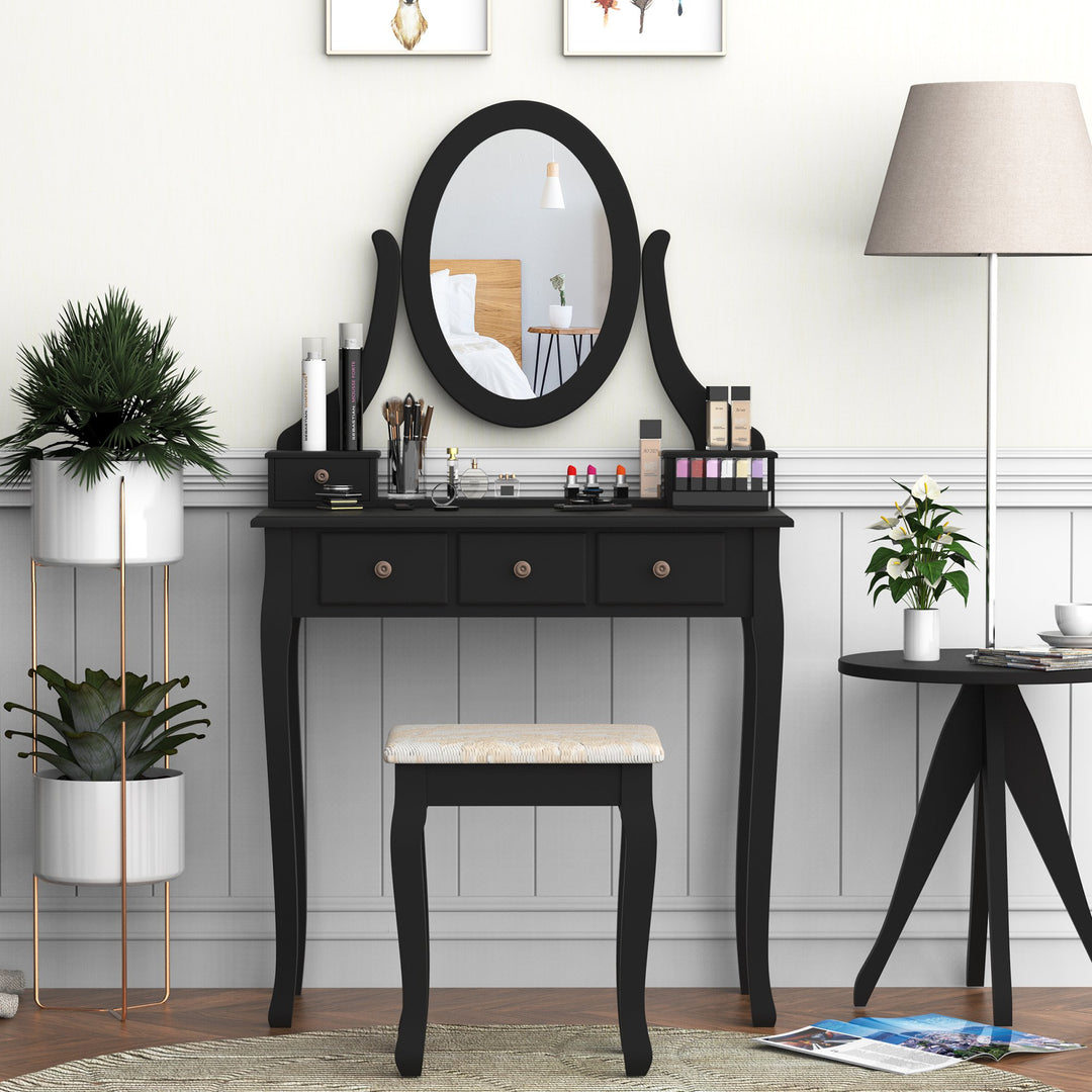 Modern Sleek Vanity Makeup Bedroom Dressing Room Table Set w/ Matching Stool - Black