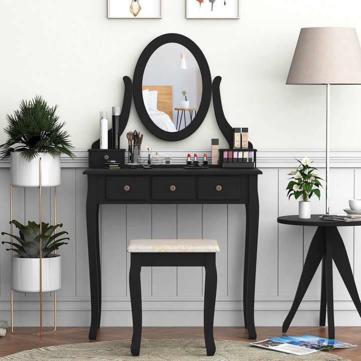 Modern Sleek Vanity Makeup Bedroom Dressing Room Table Set w/ Matching Stool - Black